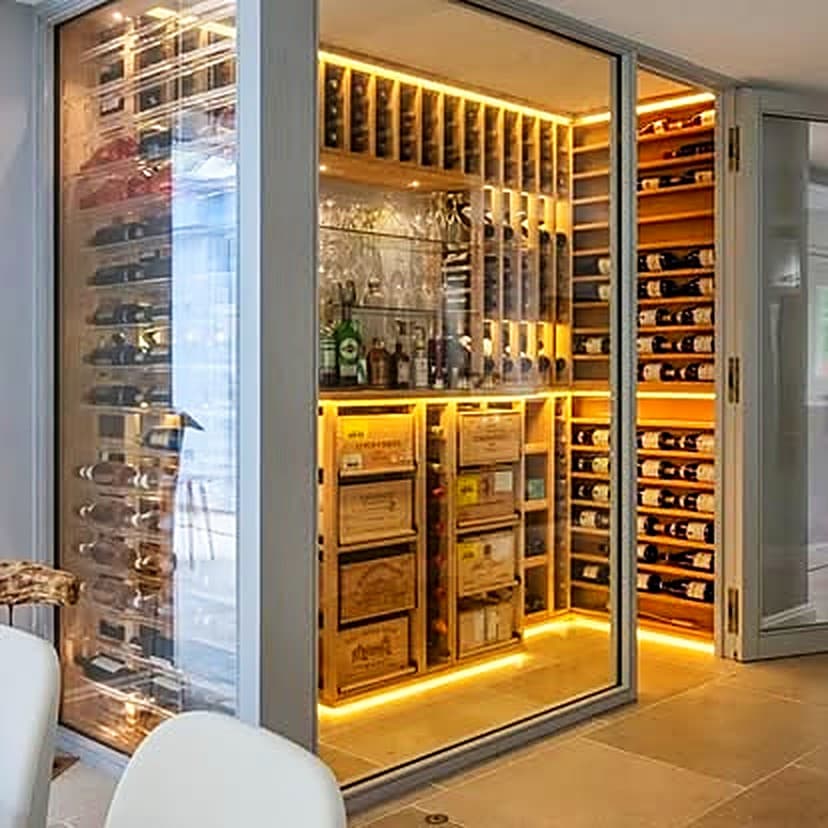 A glass-fronted wine cellar with warm integrated lighting and timber racking