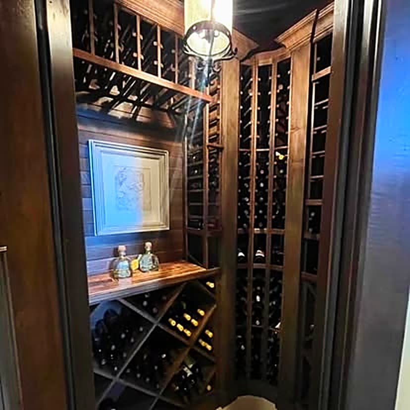 A traditional wine cellar with dark timber racking, a framed picture and a pendant lantern